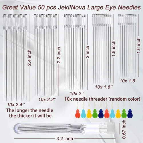 Vista 3 de Agujas de ojo grande para coser a mano, 50 agujas de coser de ojos grandes de alta calidad con enhebradores y tubo de almacenamiento, 5 agujas