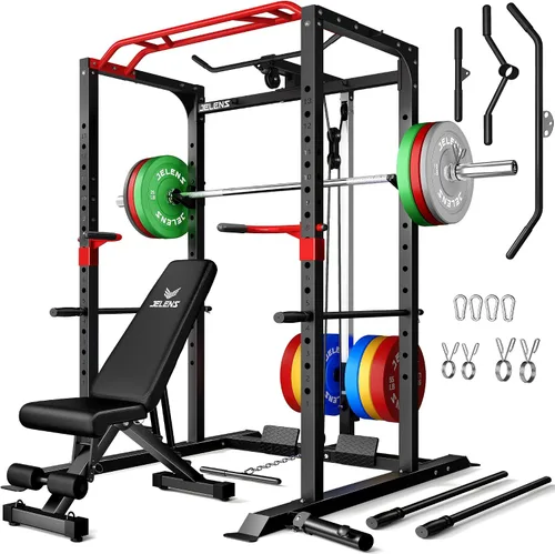 Vista 16 de Jaula de potencia JELENS, banco multifunción S11 con capacidad de 2000LBS, barra para sentadillas con sistema de poleas ajustable y más accesorios