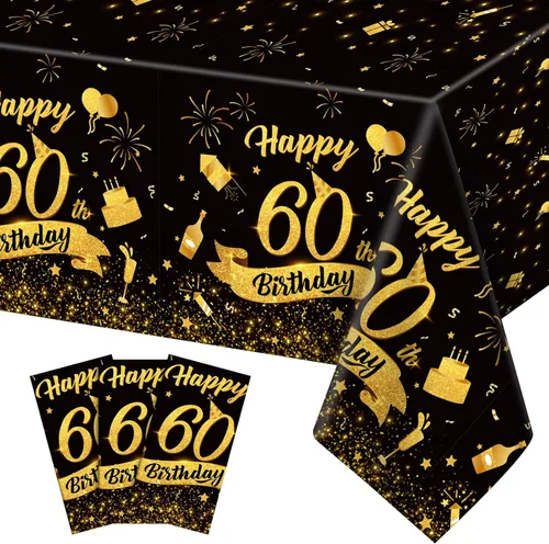Vista 11 de Paquete de 3 manteles de plástico desechables para cumpleaños de 40 años, color negro y dorado Mantel rectangular impermeable para cumpleaños, 40