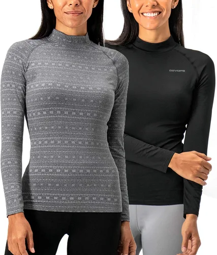 Vista 11 de DEVOPS Paquete de 2 camisetas térmicas de cuello alto de manga larga de compresión para mujer capa base negro / negro