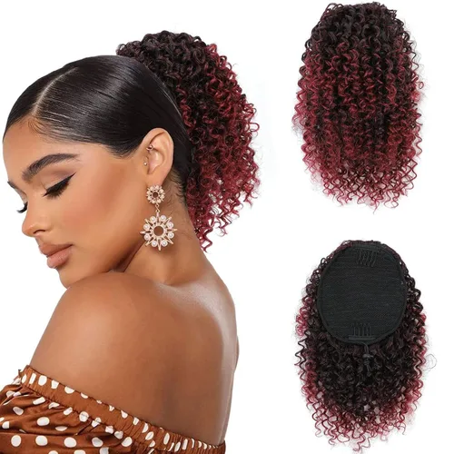 Vista 10 de Cola de caballo con cordón para mujeres negras, extensión de cola de caballo negra rizada para mujeres negras, extensiones de cabello sintético