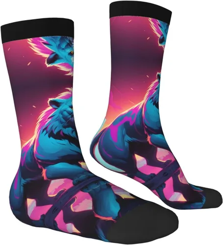Vista 3 de Synthwave Sabertooth Patterns Stretch Mid-Calf Socks - Designed specifically for running, stylish and breathable for training.
