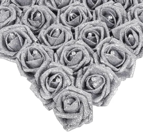 Vista 12 de IPOPU Rosas Negras con Purpurina, 50 PIEZAS Rosas Falsas con Purpurina Flores para Manualidades DIY Ramo de Boda Decoración de Casa y Fiesta (Negro)