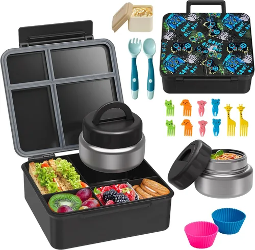 Vista 9 de Lonchera Bento con termo de sopa de 9.5 onzas, a prueba de fugas, 4 compartimentos, con cupcake de silicona, tenedor de frutas, cuchara y taza
