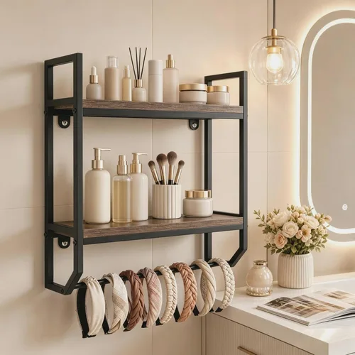 Vista 4 de LOKO 2-Tier Bathroom Towel Rack, Wall Mounted Hanging Shelf (Gray Oak)