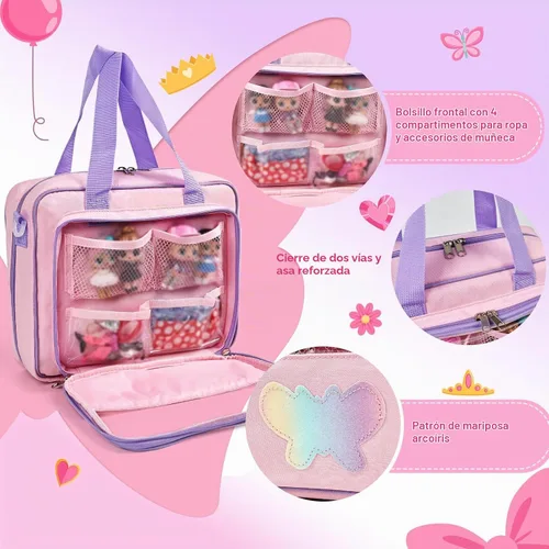 Vista 5 de Funda de transporte compatible con muñecas Barbie de 12 pulgadas/6 pulgadas. Bolsa de almacenamiento para muñecas compatible con muñecas LOL Rosa