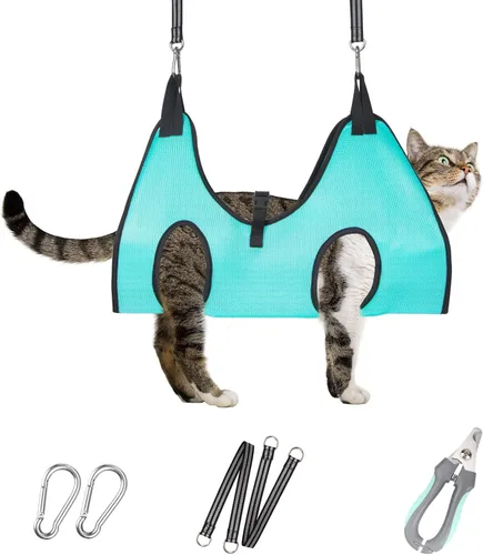 Vista 19 de Hamaca de aseo para mascotas para perros y gatos pequeños – Eslinga para recortar uñas con cortaúñas, lima de uñas y tijeras – Arnés de aseo