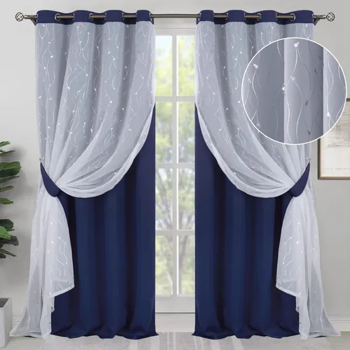 Vista 24 de BGment Cortinas de oscurecimiento de habitación con superposición transparente, cortinas de tul estampado plateado de doble capa para sala de estar