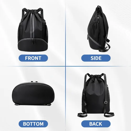 Vista 6 de Mochila de gimnasio con cordón y compartimento para zapatos, para fútbol, baloncesto, natación, resistente al agua, mochila de playa para mujeres