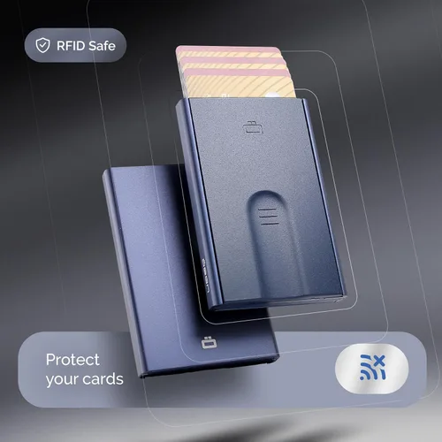 Vista 25 de ÖGON -DESIGNS- Tarjetero automático de aluminio, protección RFID contra fraude y desmagnetización, cartera delgada y minimalista para hombres
