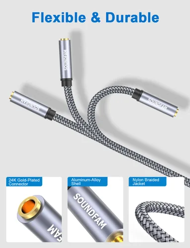 Vista 4 de Cable de extensión de auriculares de 3 pies/3.3 ft, TRRS de 0.138 in, cable de audio macho a hembra, cable de extensión AUX de nailon trenzado