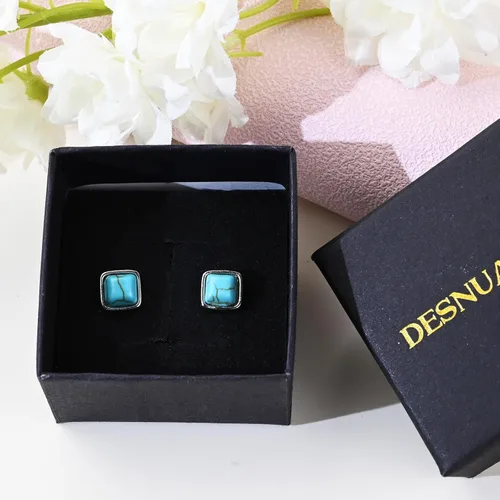 Vista 26 de Tibetan Turquoise Earrings 925 Sterling Silver Post Stud Boho Gemstone Hypoallergenic Handmade Earrings for Women Trendy Fashion