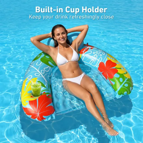 Vista 3 de Paquete de 2 flotadores inflables de piscina para adultos, sillas flotantes de piscina con soporte para tazas, flotadores de piscina para adultos