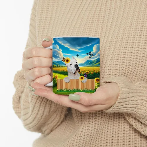 Vista 3 de Taza de café argentina Dogo de pie con diseño de valla de granja, taza de té de cerámica blanca de 11 onzas, regalos para propietarios de cachorros