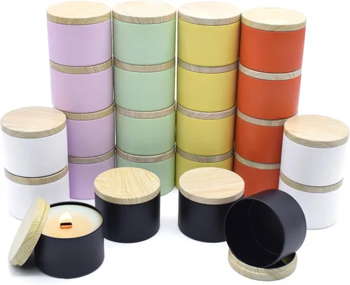 Vista 15 de Paquete de 12 tarros de velas, latas de velas de 4 onzas con tapas de impresión de grano de madera de metal, tarros de velas de metal vacíos