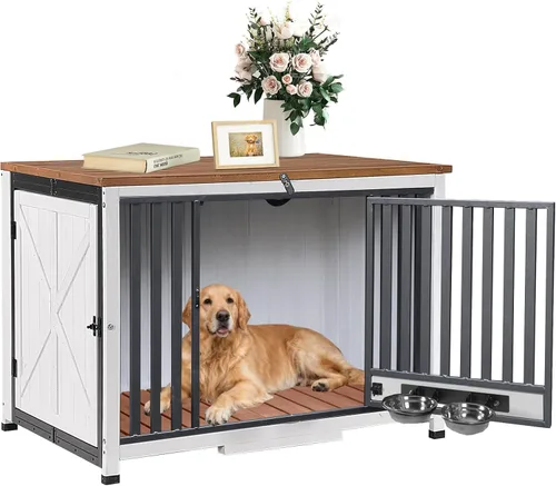 Vista 9 de GUTINNEEN Muebles de Jaula para Perros Plegables Perrera para Perros Pequeños Medianos Grandes Casa de Madera Maciza para Perros con Cuenco Jaula