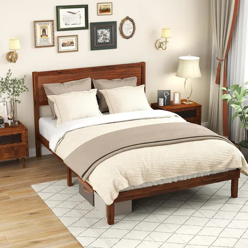 Vista 11 de KOMFOTT Base de cama de madera tamaño twin con cabecero, base de cama de plataforma de madera de acacia sólida, base de cama soportada por listones