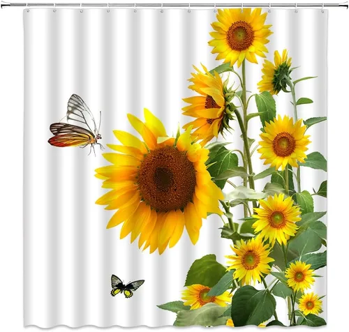 Vista 2 de Cortina de ducha de girasol, primavera, rústico, flores amarillas, mariposa, granja, floral, acuarela, hojas verdes, paisaje, flores, tela