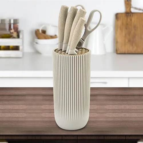 Vista 8 de Juego de cuchillos de cocina de acero inoxidable con revestimiento de madera de 6 piezas con bloque (beige) Wood Grain Handle,Non-Stick,Sharp