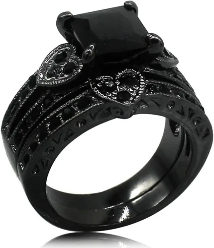 Vista 2 de Juego de anillos nupciales de compromiso de boda en forma de corazón de corte princesa rodio negro