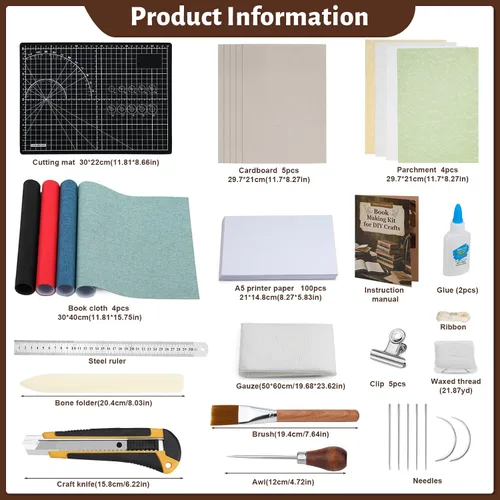 Vista 8 de Jupean Kits de encuadernación de libros, materiales de encuadernación de libros con cartón A4, 4 colores, tela de libro, suministros