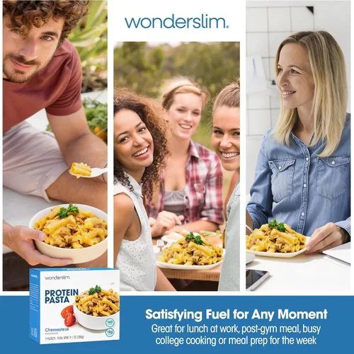 Vista 6 de WonderSlim Pasta de Proteína, Macarrones con Queso y Filete, 140 Calorías, 12g de Proteína (7 unidades)