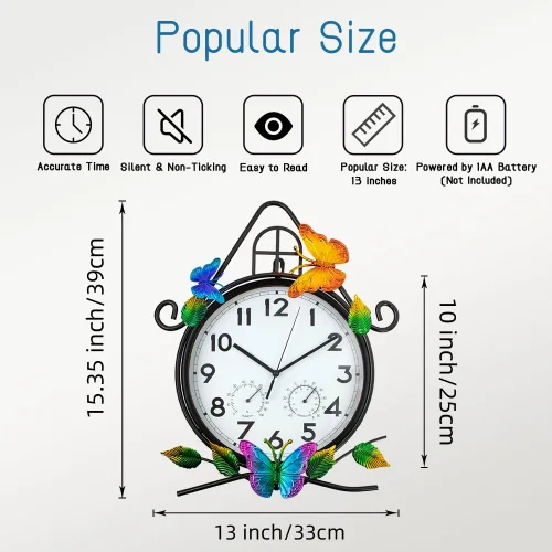 Vista 2 de Reloj de pared grande de 15 pulgadas, reloj de pared con termómetro y humedad, silencioso, sin tictac, impermeable, para patio, sala de estar, cocina