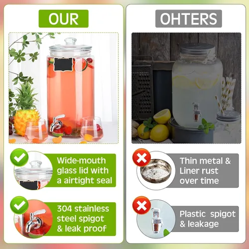 Vista 3 de Bokon Dispensador de bebidas de vidrio de 2 galones para fiestas, dispensador de bebidas con espita de acero inoxidable y pizarra para frasco