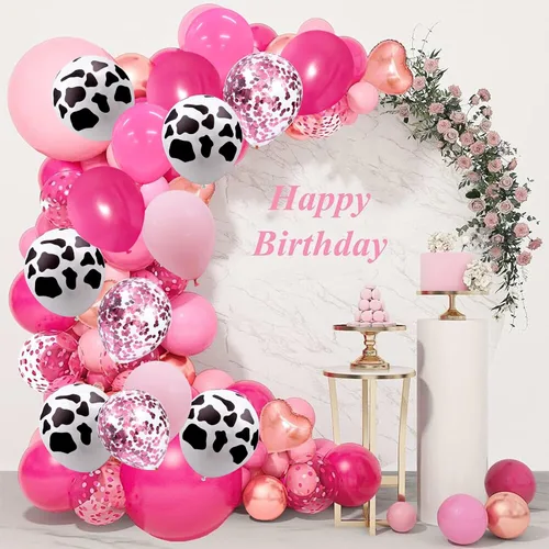 Vista 6 de Arco de globos de vaquera, 95 unidades, color rosa, estampado de vaca occidental, globos de confeti para discoteca occidental, vaquera, caballo