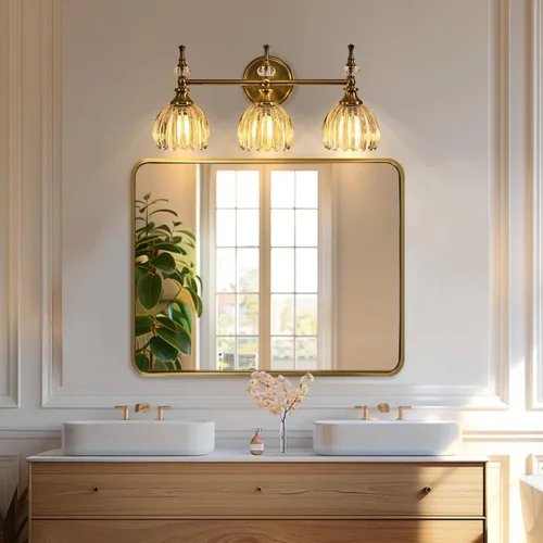 Vista 13 de Espejo de latón para baño, espejo rectangular redondeado de 22x30 pulgadas con marco de metal cepillado dorado, espejo de tocador de baño sin