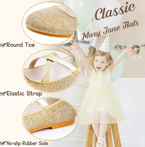 Vista 4 de W&LESVAGO Zapatos de ballet de princesa con purpurina para niñas con correa elástica, zapatos de vestir Mary Jane para niña, regreso a la escuela