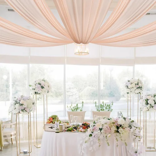 Vista 9 de Cortinas de techo de gasa, 6 paneles de 5 x 15 pies, cortinas de techo beige para boda, tela transparente, cortinas decorativas para eventos