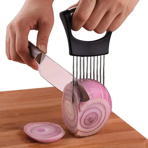 Vista 2 de Cortador de tomate con cebolla, herramienta práctica de rebanar de cocina con 10 puntas uniformes para rodajas de cebolla, limón, patata, tomate