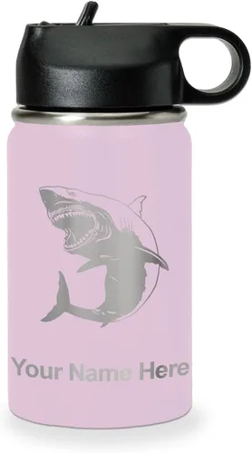 Vista 22 de LaserGram Botella de agua personalizada, gran tiburón blanco, acero inoxidable de doble pared aislada al vacío con popote superior, regalo grabado