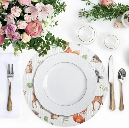 Vista 5 de Cute Animals Owl Fox White PVC Placemat, Non Slip Heat Proof Table Mat for Kitchen one sizex1