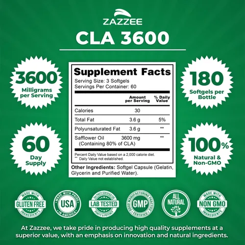 Vista 3 de Zazzee CLA 3600 de alta potencia, 180 cápsulas blandas, 3600 mg por porción, ácido linoleico conjugado de aceite de cártamo, concentrado