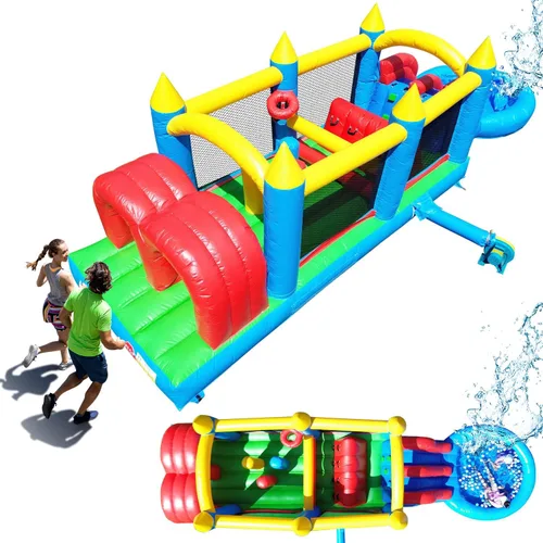 Vista 10 de Castillo inflable de grado comercial de 16 x 12 pies, (PVC resistente), (soplador de 1100 W) - 2 toboganes, hoyo de bolas, aro de baloncesto, casa