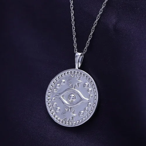 Vista 3 de AFFY Collar con dije de moneda de mal de ojo en oro de 14 quilates sobre plata esterlina para mujer con cadena de cuerda de 18 pulgadas