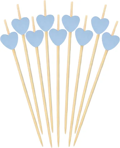 Vista 4 de BambooMN Pinchos de bambú con corazón azul de 3.9 pulgadas para eventos con catering, vacaciones, restaurantes o bufés, suministros de fiesta, 100