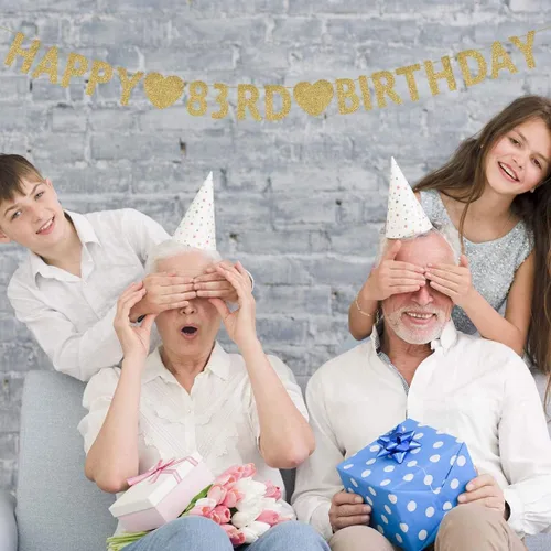 Vista 2 de Cartel dorado de feliz cumpleaños número 83, purpurina para mujer u hombre de 83 años, decoraciones para fiestas