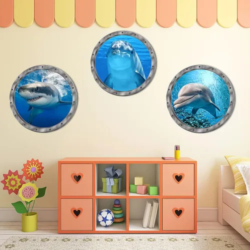 Vista 3 de Decoración del mundo bajo el mar de animales oceánicos, incluye tiburones delfines, 3 unidades, removibles, 3D, adhesivos de vinilo para despegar