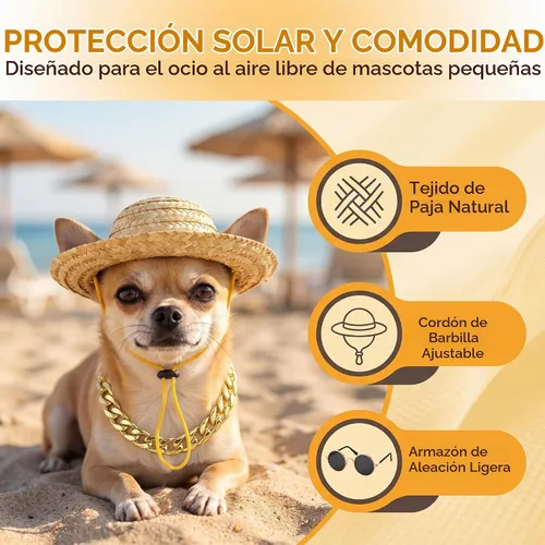 Vista 6 de 6 piezas de disfraz de perro y gato, lentes de sol retro para mascotas, collar de cadena dorada ajustable y sombrero de paja, accesorios divertidos