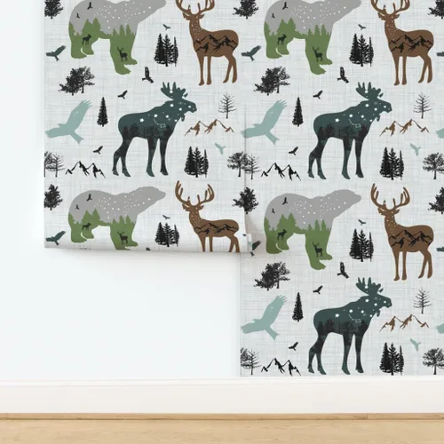 Vista 4 de Spoonflower Papel tapiz para despegar y pegar, diseño de animales del bosque ártico, bosque, montañas de Alaska, aventura, oso, alce, papel tapiz