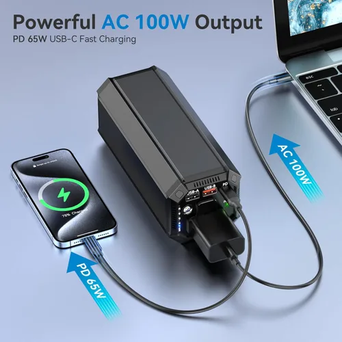 Vista 2 de Banco de Energía Portátil con Toma de Corriente AC, Cargador Portátil de 100W para Laptop, 98Wh/27000mAh de Alta Capacidad con Banco de Batería