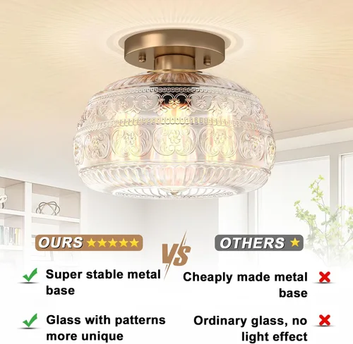 Vista 2 de Lámpara de Techo Semiempotrada, Luminaria Moderna Mejorada Cerca del Techo con Vidrio Transparente, Dorada, Iluminación Interior para Cocina