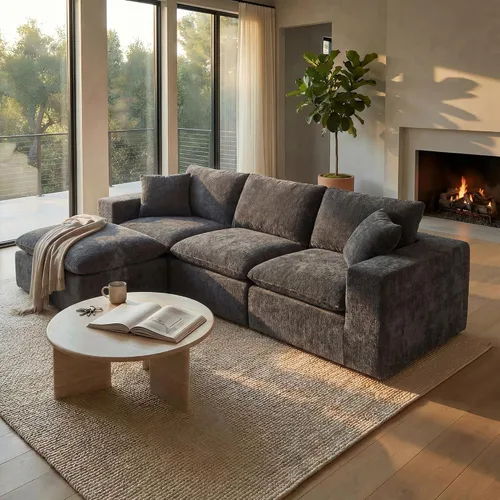 Vista 4 de Sofá nube modular en forma de L de 110 pulgadas con otomana móvil, cómodo sofá de 4 asientos de chenilla sin hueso con asiento profundo para sala