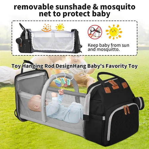 Vista 4 de Mochila para pañales, bolsa de pañales multifuncional para bebés, Negro -, Bolsa de pañales para bebé