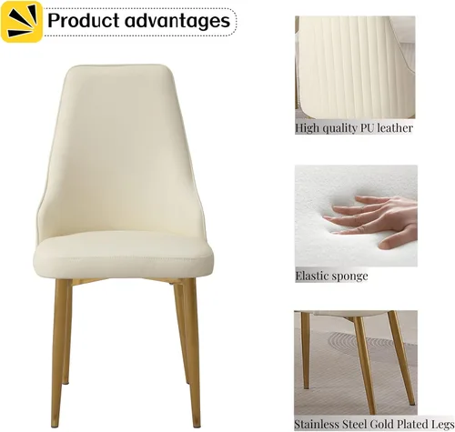 Vista 3 de Montary Juego de 2 sillas de comedor, modernas sillas de piel sintética color blanco crema con patas de metal dorado y respaldo ergonómico para sala