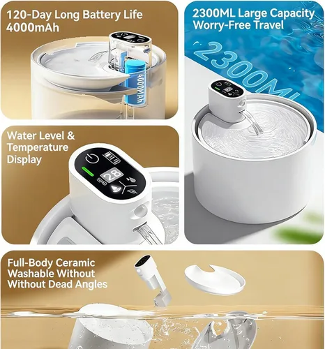 Vista 5 de Reemplazo de fuente de agua inalámbrica de cerámica para gatos, controlador de sensor de batería de 4000 mAh, sensor inteligente súper silencioso
