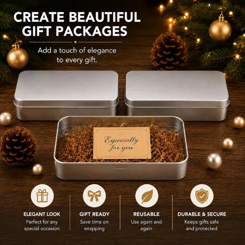 Vista 4 de Paquete de 8 cajas de latas de metal vacías con tapa, latas de galletas rectangulares de metal plateado para golosinas, regalos, regalos, velas